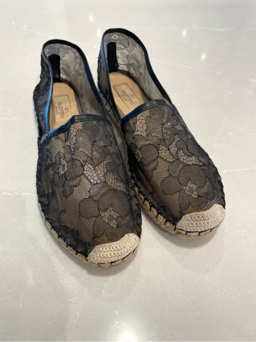 SOLD Valentino Garavani Black Lace Espadrilles with Natural Toe Cap Size 7